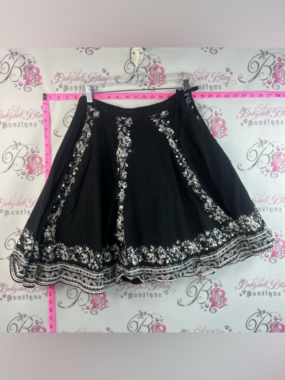 Skirt sequins sparkly paisley floral Black Skirt with White Floral Border